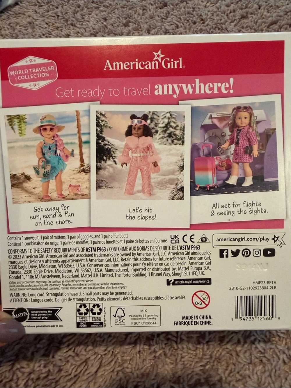 American girl world traveler pink fur quilted ski suit boots goggles mittens new